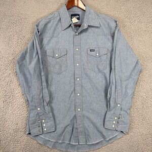 Wrangler Western Pearl Snap Shirt Mens Large Chambray Blue Button Up Rodeo Ranch